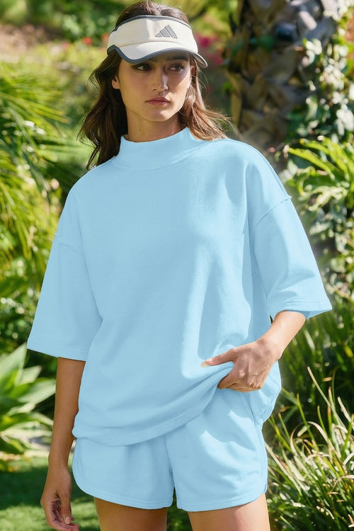 Mock Neck Exposed Seam Tunic Top & Shorts Set