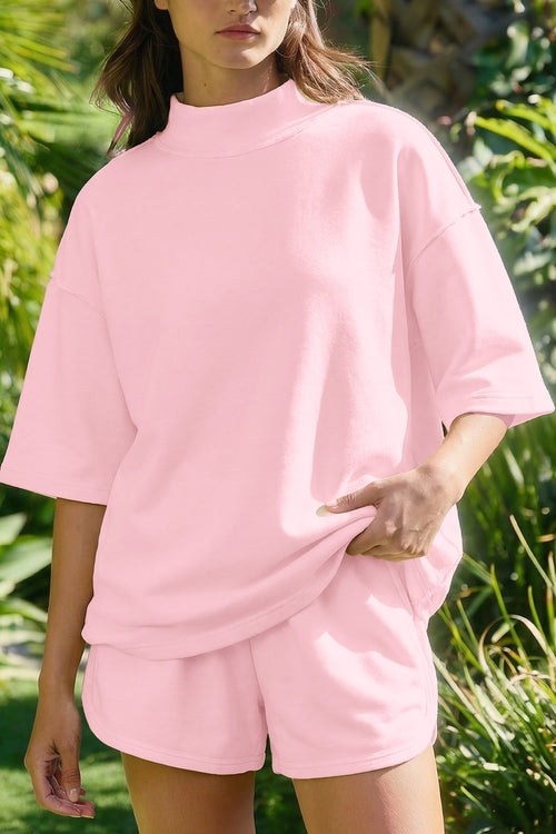 Mock Neck Exposed Seam Tunic Top & Shorts Set